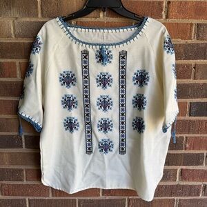 Cross-stitched White and Blue Women's Top - size L/XL